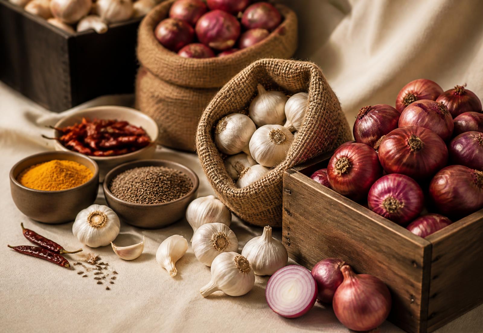 Indian onions, garlic and spices arranged for export