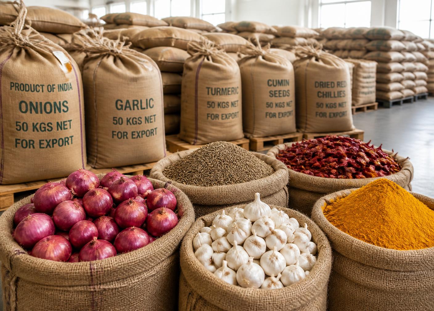 Export sacks of Indian onions, garlic, turmeric, cumin and red chilli
